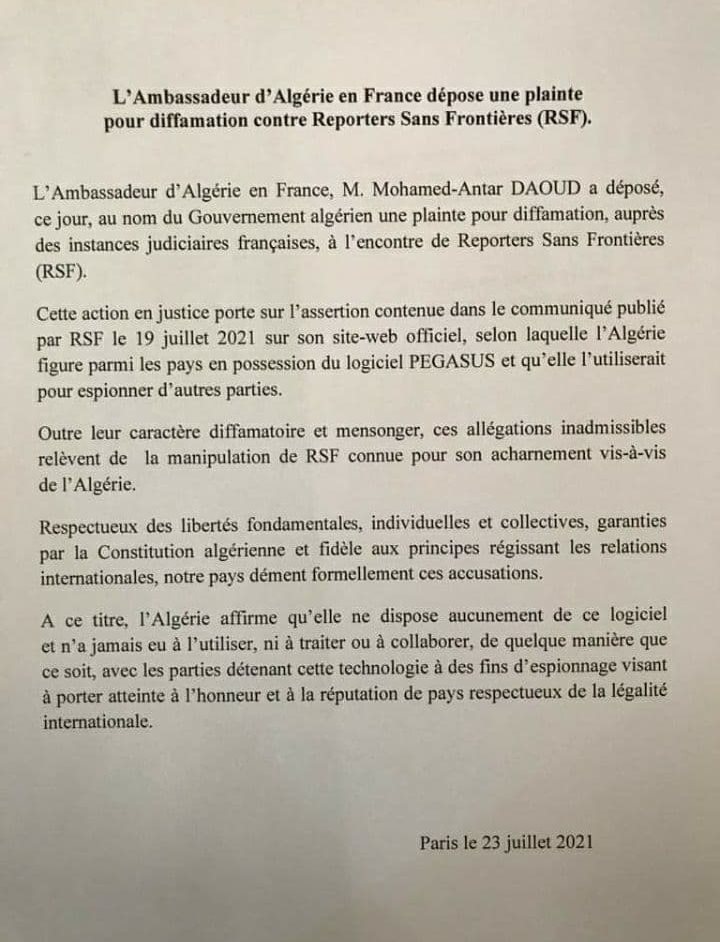 الجزائر تقاضي منظمة مراسلون بلا حدود بسبب "بيغاسوس" 222244698_817177295519221_6848576025033771981_n