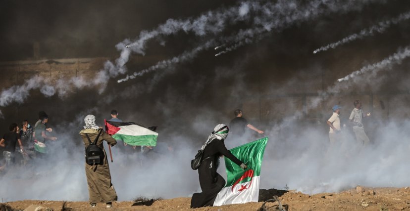 متظاهراتان من غزة تحملان العلم الجزائري والفلسطيني (الصورة: GETTY)